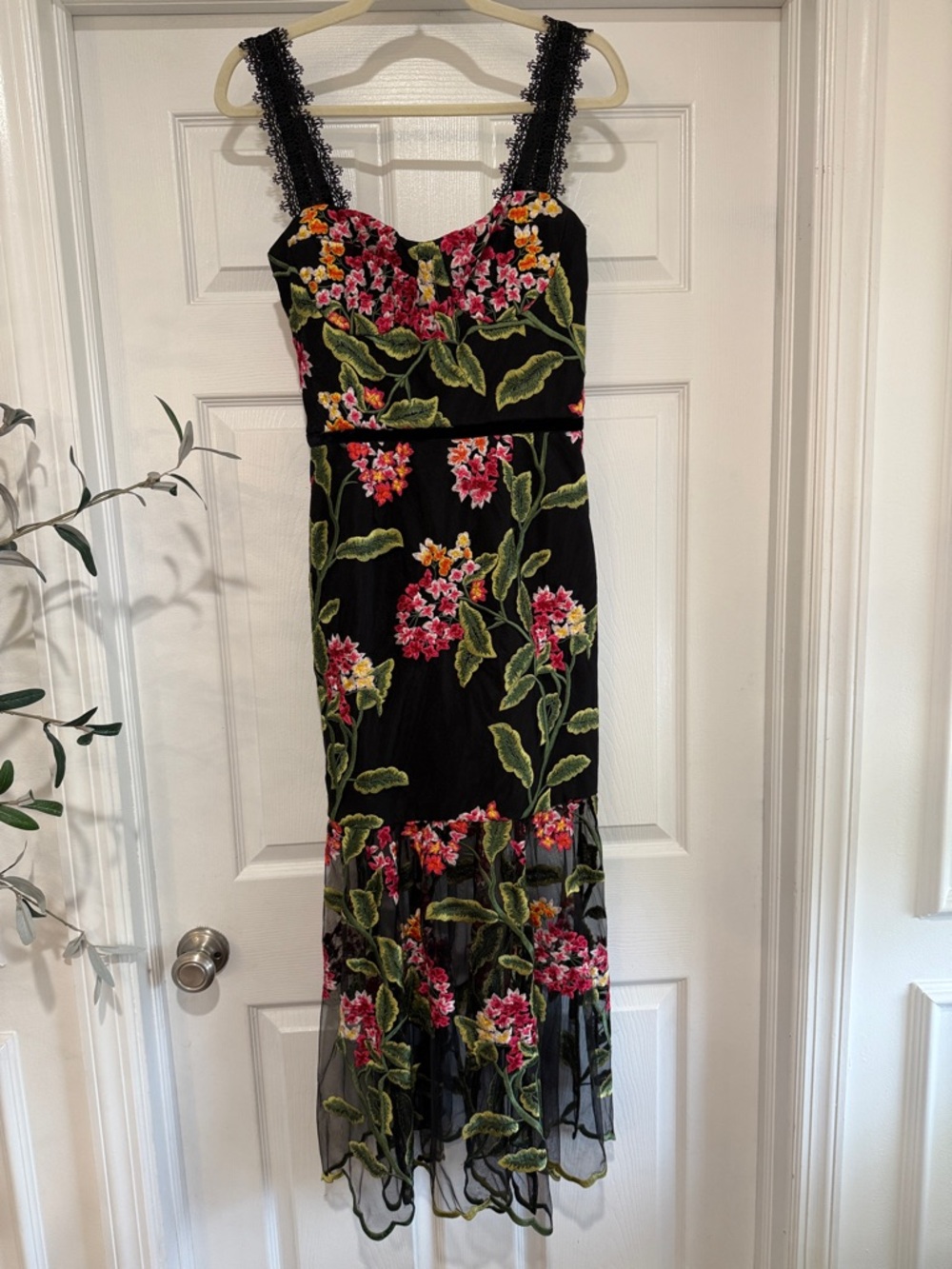 Bronx and Banco Black Midi Dress with Pink Floral Embroidery